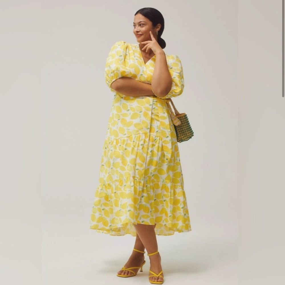 Anthropologie Hutch Lemon Yellow Print Wrap Midi Dress 2X